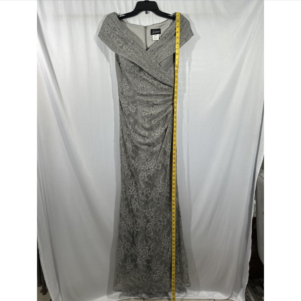 NEW $469 La Femme [ size 2 ] Portrait Neck Sparkle Lace Gown in Platinum‎ - Picture 4 of 13